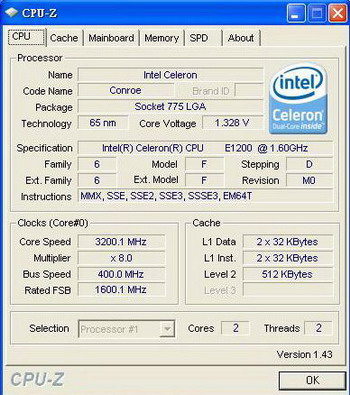 Celeron E1200 overclocked @ 3.2 GHz