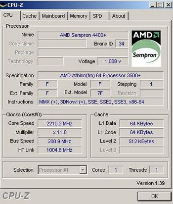 athlon 64 3500+ socket am2 65nm cpu z