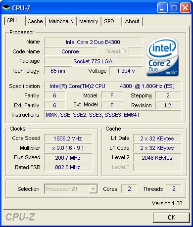 INTEL Core 2 Duo E4300 - CPU-Z